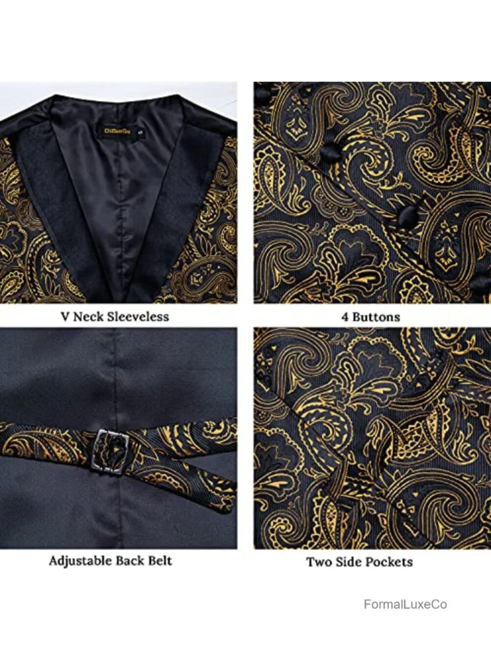 Mens Paisley Suit Vest Set 7 Piece Silk Jacquard Shawl Collar Formal Wedding
